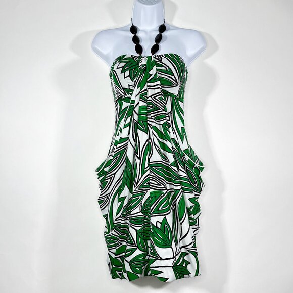 NWT Kitty Halter Dress White Green Leaf Design Six Brown Buttons Size Small - Picture 3 of 15